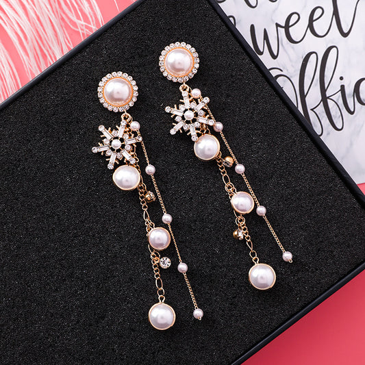 New Fashion Jewelry Crystal Snowflake Long Chain Tassel Earrings for Women Charm Pearl Statement Drop Dangle Earring
