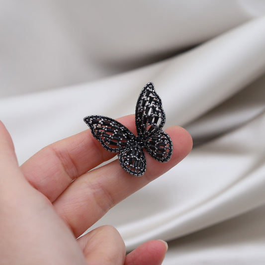 Black Crystal Butterfly Ring Earring Set For Women